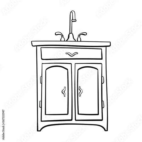 Vintage kitchen sink cabinet/ Vintage furniture/ Interior design elements/ Hand drawn sketch illustration isolated on white background
