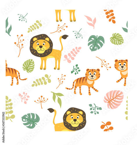 Isolated vector seamless pattern with tiger and lion  animals for kids. Illustration for textile and texture design