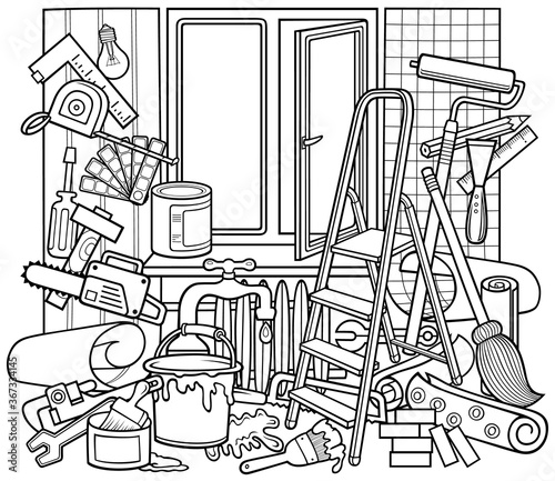 Cartoon doodle hand drawn home repair illustration