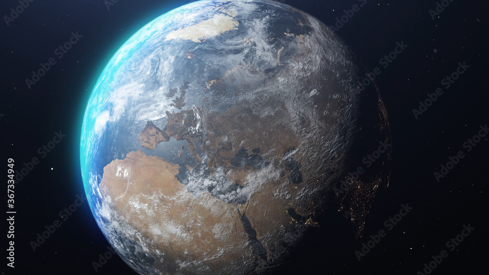 Naklejka premium 3D rendering- Europe, Earth Space view Map ,Outer Space Travel Concept 3D 