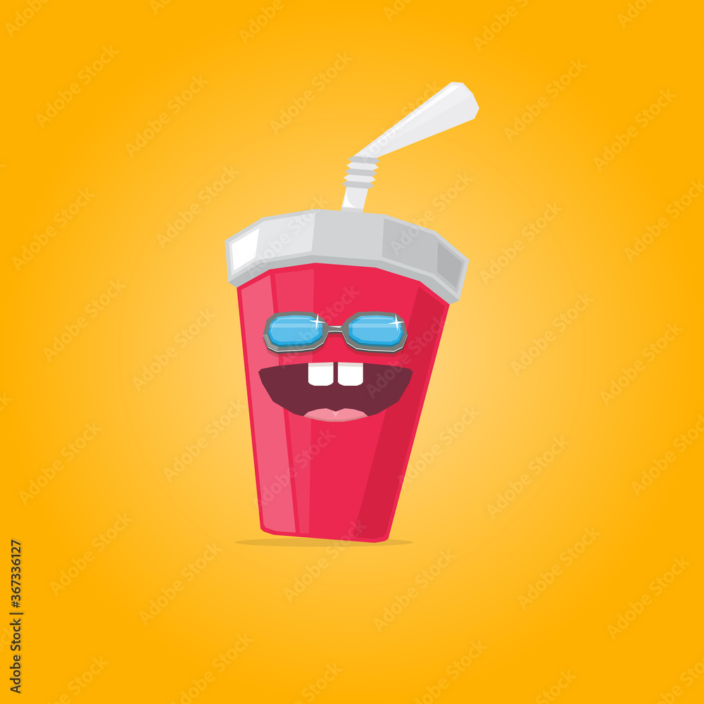vector funny cartoon cute red party paper cola cup with straw and sunglasses isolated on orange background. funky smiling summer drink character vector funny cartoon cute red party paper cola cup with straw and sunglasses isolated on orange background. funky smiling summer drink character