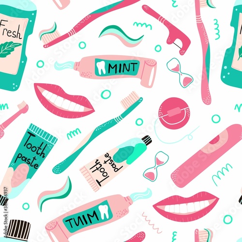Cleaning mouth tools doodle seamless pattern. Toothbrush, toothpaste and dental floss, hand drawn morning hygiene, oral care, creative design textile, wrapping paper, wallpaper vector texture