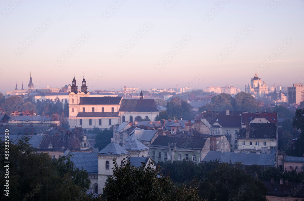  Sunset panoramic view on the old city. Lviv, Ukraine
