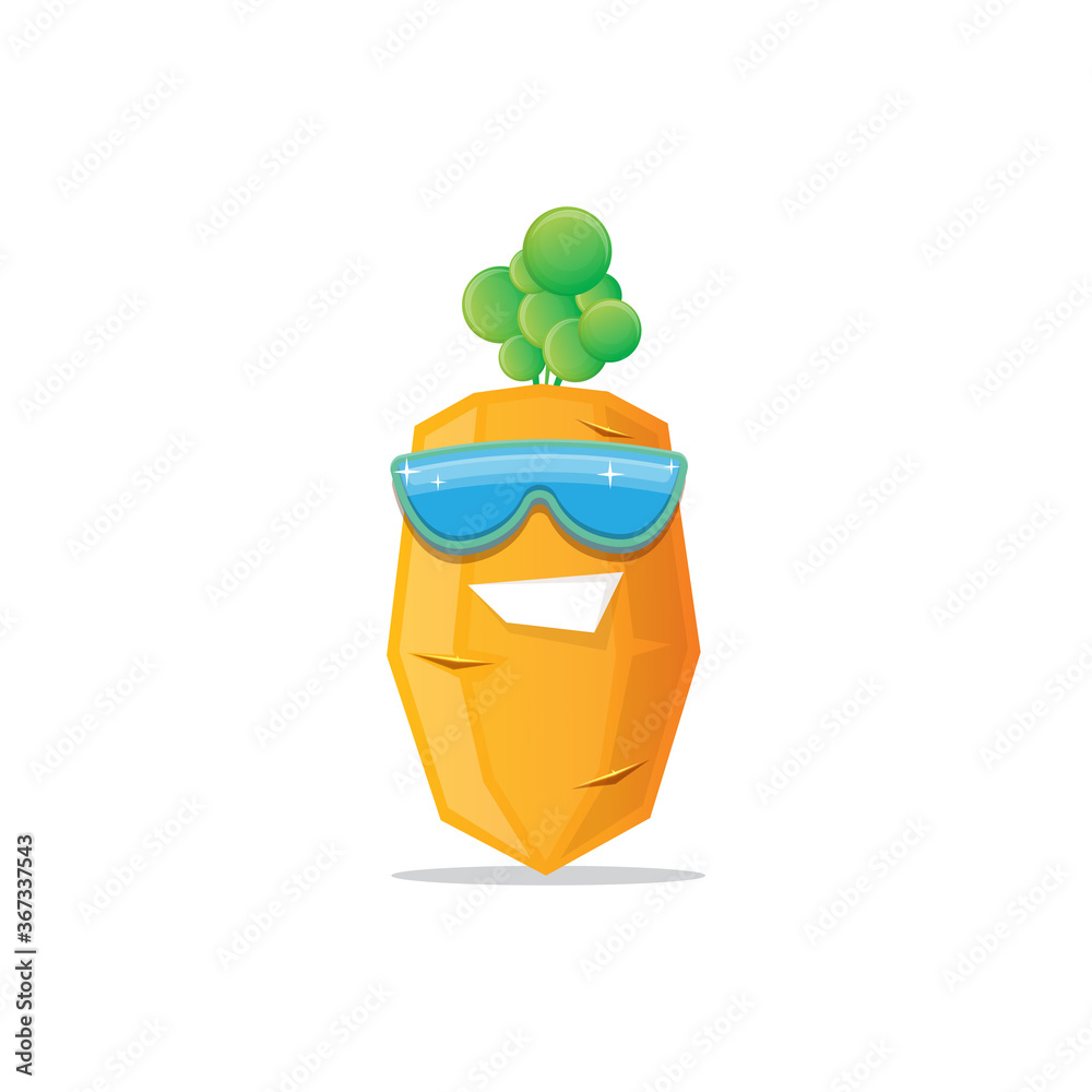 vector funny cartoon carrot character with sunglasses isolated on white background. funky smiling summer vegetable character