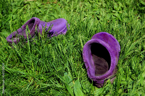 Funny image of a slipper on the grass. Whoever would lose it? photo