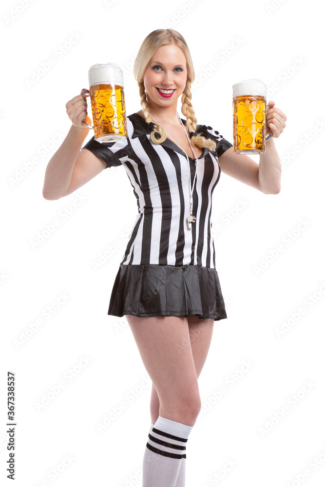 Happy sexy woman in soccer referee look holding a big glass or mug of beer in her hands #C6823 Happy sexy woman in soccer referee look holding a big glass or mug of beer in her hands #C6823