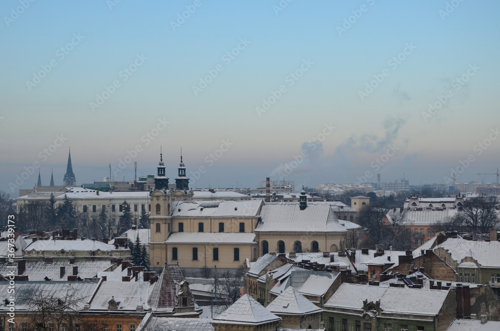 Winter panoramic view on the old city. Lviv, Ukraine