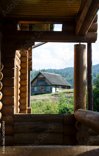 Wooden house in the forest. Carpathian Mountains, Ukraine