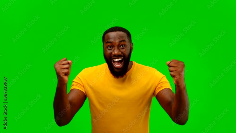 Emotional man rejoices in victory. Alpha channel