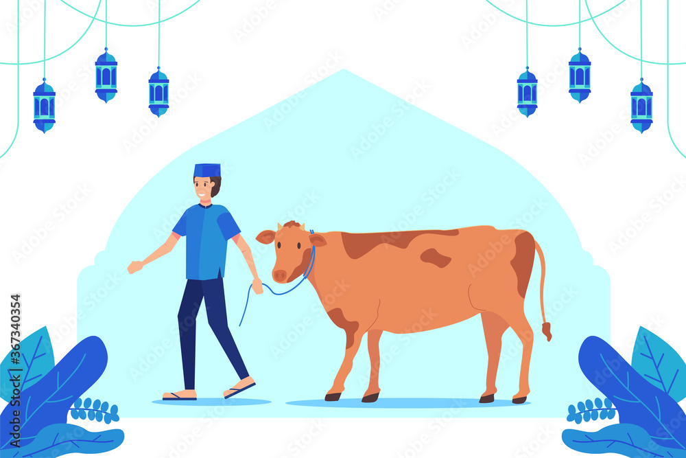 People Bring Cattle For Eid Al Adha Greeting Concept Premium Vector
