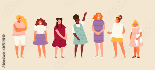 Cartoon children girls group of different appearance and nationality. Childhood vector cartoon characters set