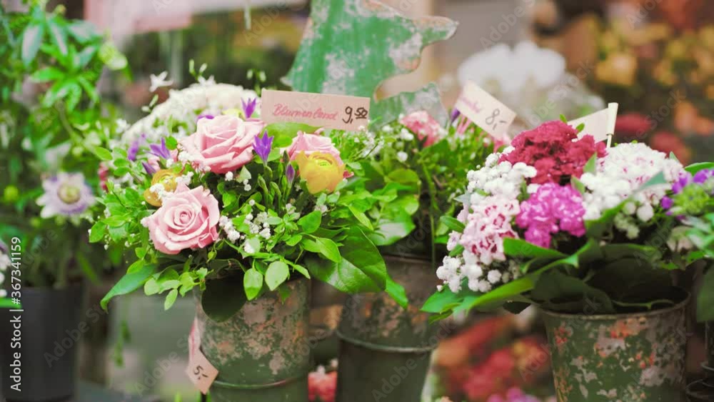 Flower shop with beautiful bouquets and potted flowers Flower shop with beautiful bouquets and potted flowers