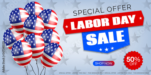 United states of America labor day sale  special offer web banner design with balloons vector illustration
