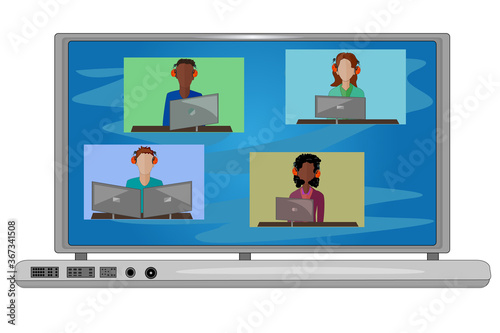 Laptop with online webinar, class, school, college or course. Social distancing concept.Keep distance in public society to protect from coronavirus spreading.Party from home via videocall.Stock vector
