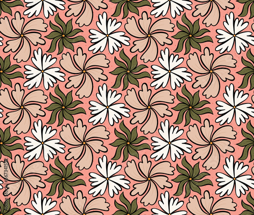 Geometric floral seamless vector pattern, Flowers and leaves botanical garden background texture.