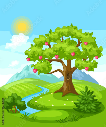 Summer landscape with trees, mountains and hills.