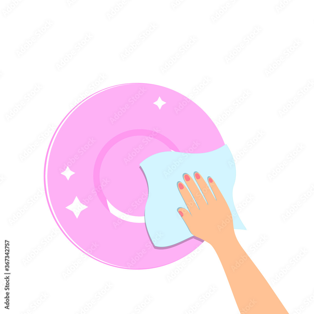 A hand washes a pink plate with a rag. Clean dishes sparkle, shine. Vector illustration, flat cartoon color design, isolated on white background, eps 10. A hand washes a pink plate with a rag. Clean dishes sparkle, shine. Vector illustration, flat cartoon color design, isolated on white background, eps 10.