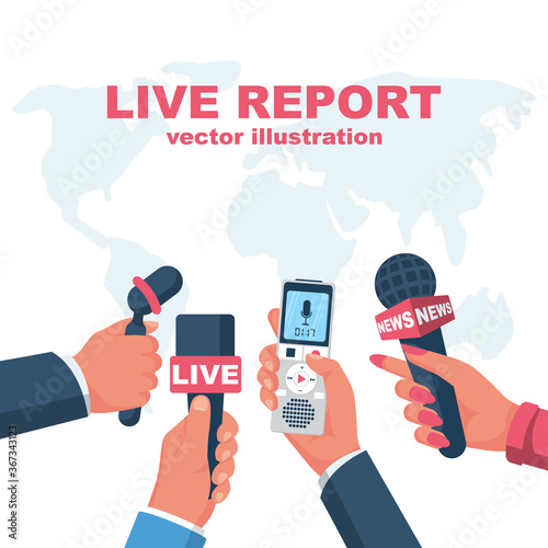 Microphones and voice recorder in reporter hands. Template press conference or interview. Journalism concept. Live report. Breaking hot news. Mass media. Vector illustration flat design. Live news.