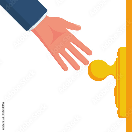 The hand of a man in a suit opens the door. Doorknob isolated on a white background. Landing page to come in or exit. Vector illustration flat design.
