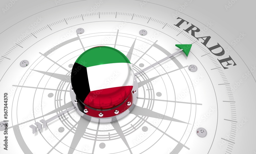Business concept. Abstract compass points to the trade word. Flag of the Kuwait. 3D rendering Business concept. Abstract compass points to the trade word. Flag of the Kuwait. 3D rendering