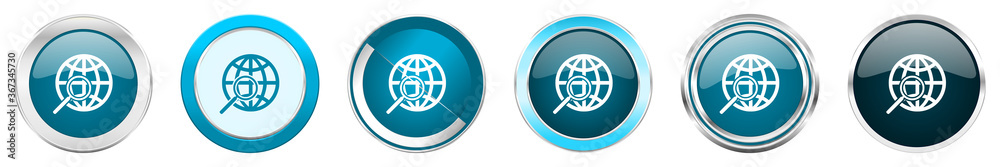 Search silver metallic chrome border icons in 6 options, set of web blue round buttons isolated on white background. Search silver metallic chrome border icons in 6 options, set of web blue round buttons isolated on white background.