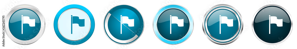 Flag silver metallic chrome border icons in 6 options, set of web blue round buttons isolated on white background