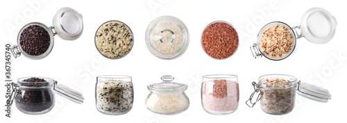 Set with different types of rice in jars on white background. Banner design
