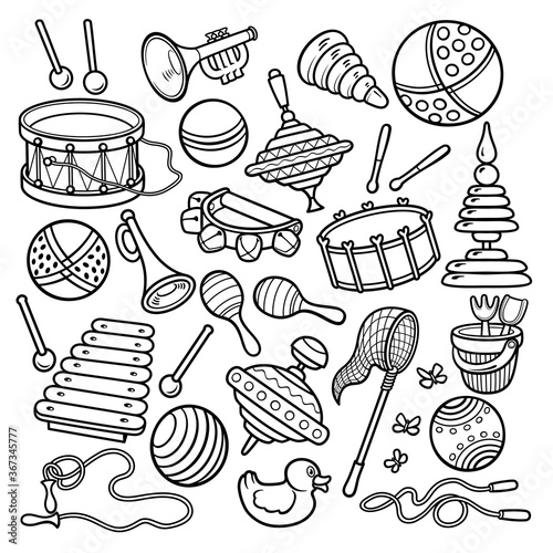 Cartoon doodles hand drawn kids toys objects set.