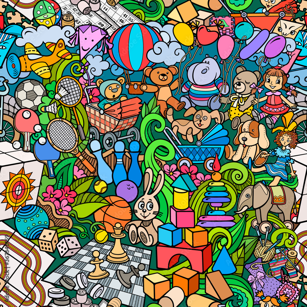 Cartoon cute doodles kids toys seamless pattern. Cartoon cute doodles kids toys seamless pattern.