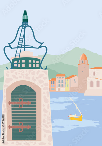 A travel poster depicting Collioure, a French fishermen village with a landmark bell tower, the lighthouse and a traditional Catalan boat, vector illustration photo