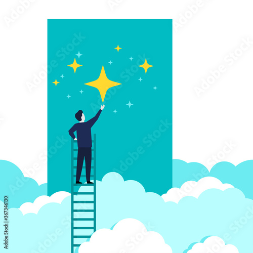 Reaching stars concept - business strategy challenge and success - human cimbing the stairs and catching stars - vector illustration
