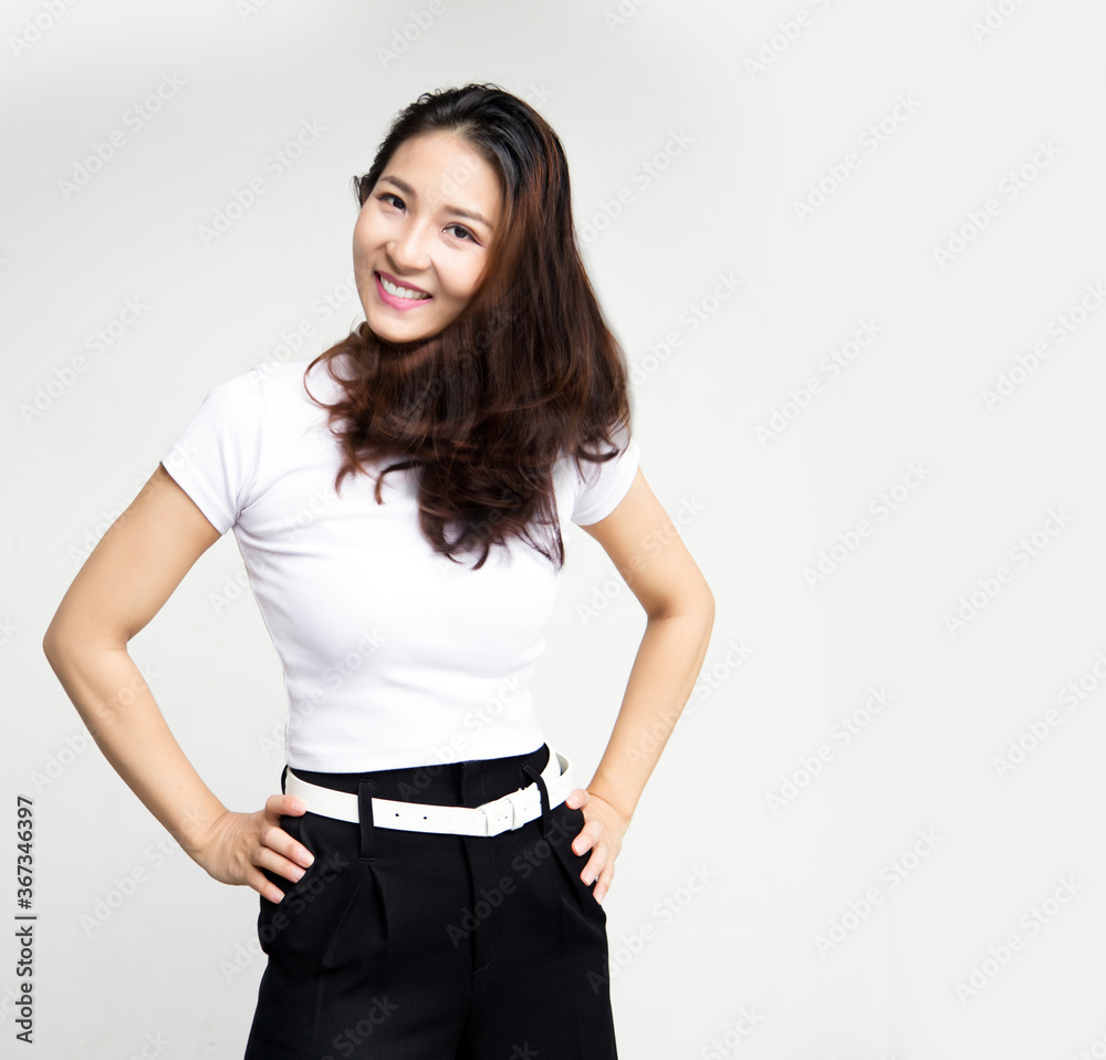 happy healthy asian woman with exercive curve on white happy healthy asian woman with exercive curve on white