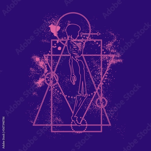 Mystery, witchcraft, occult and alchemy tattoo sign. Mystical vintage gothic geometry thin lines symbol with silhouette of a human skeleton. Grunge style illustration