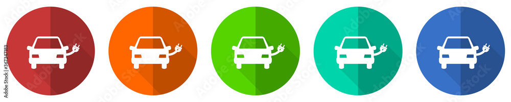 Electric car, power icon set, red, blue, green and orange flat design web buttons isolated on white background, vector illustration Electric car, power icon set, red, blue, green and orange flat design web buttons isolated on white background, vector illustration