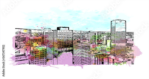 Building view with landmark of Adelaide is South Australia’s cosmopolitan coastal capital .Watercolor splash with hand drawn sketch illustration vector.