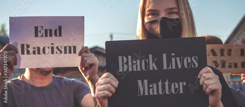 Black Lives Matter Protest Against Ending Racism Poster Over Human Rights Violation. The big hand is a symbol of anti-racism, equality. Phrase message Black Lives Matter photo