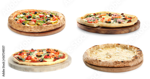 Set with different tasty pizzas on white background