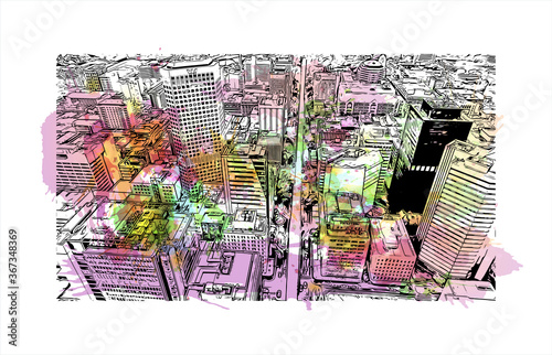 Building view with landmark of Adelaide is South Australia’s cosmopolitan coastal capital .Watercolor splash with hand drawn sketch illustration vector.