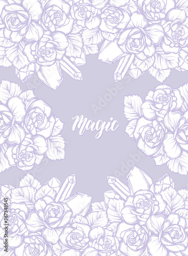 Vector illustration. crystals, bouquet of roses, mysticism,frame, purple background, prints on T-shirts. Handmade