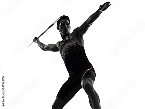 one young caucasian athlete man practicing Javelin athletics in studio isolated on white background