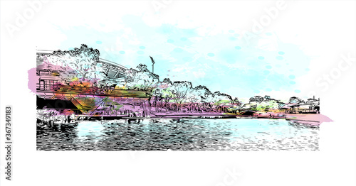 Building view with landmark of Adelaide is South Australia’s cosmopolitan coastal capital .Watercolor splash with hand drawn sketch illustration vector.