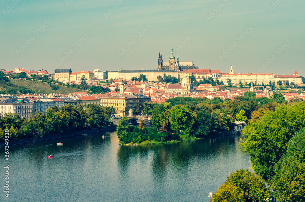 Beautiful view of Prague castle and the river Vltava with Strelecky island