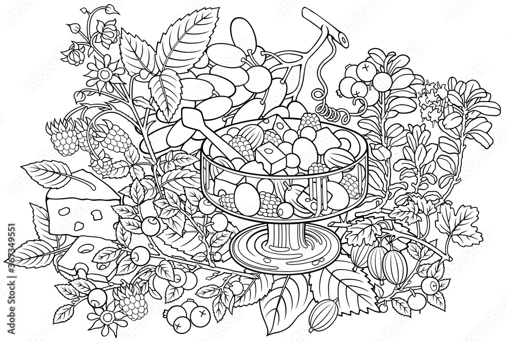 Fruits, berries, sweets hand drawn illustration