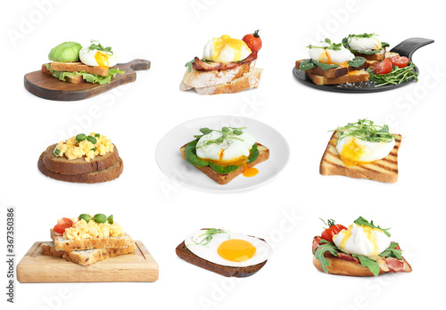 Set of different egg sandwiches on white background