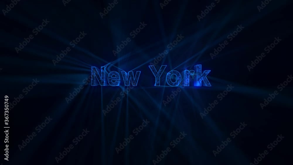 New York - blue sparkling 3D text animation with lightrays  - rotating 