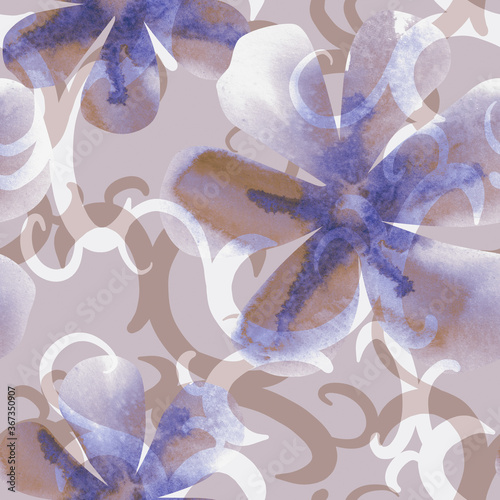 Seamless Pattern with Swirl and Floral Elements. Watercolor Background.