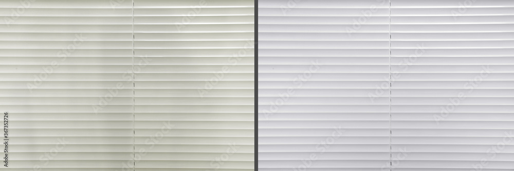 Window blinds before and after cleaning, closeup. Banner design