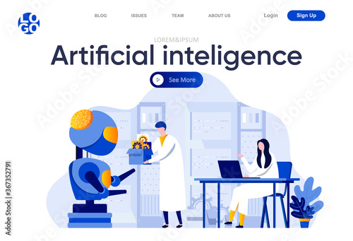Artificial intelligence flat landing page. Scientists working in modern technical laboratory vector illustration. Machine learning, smart digital technology web page composition with people characters