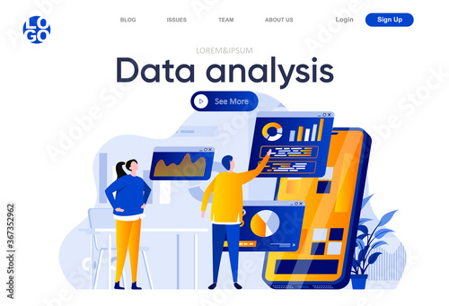 Data analysis flat landing page. People using mobile application with business analytics on screen vector illustration. Online financial data analysis web page composition with people characters.