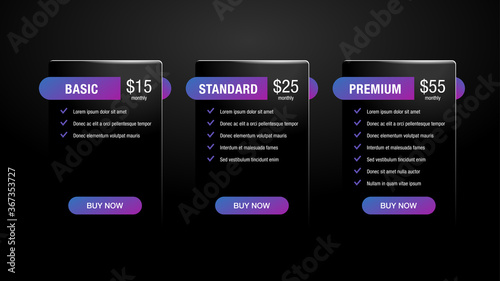 Tariff comparsion tables - web UI template - Basic, Standard, Premium tariffs - three columns with options in different colors - isolated vector infographics